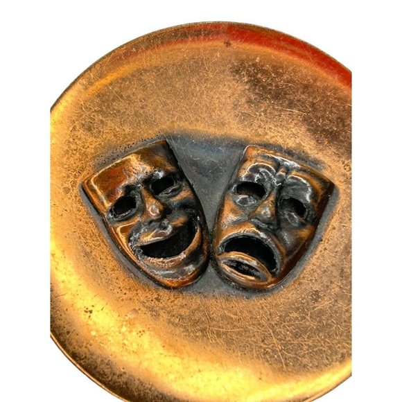 Vintage Copper Theater Drama Brooch Pin Happy Sad 1 7/8" Diameter - Picture 2 of 6